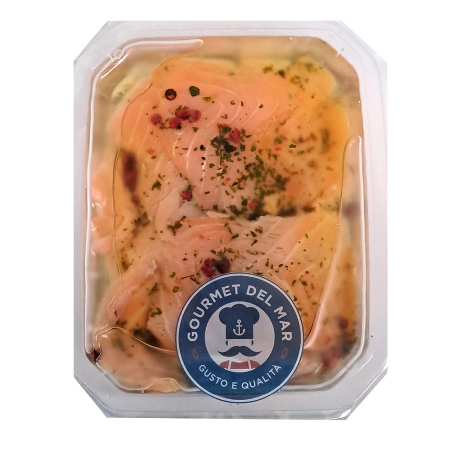 Carpaccio di Salmone Affumicato Marinato (Olio S/G, Pepe Rosa, Prezzemolo) in Vaschetta 150g