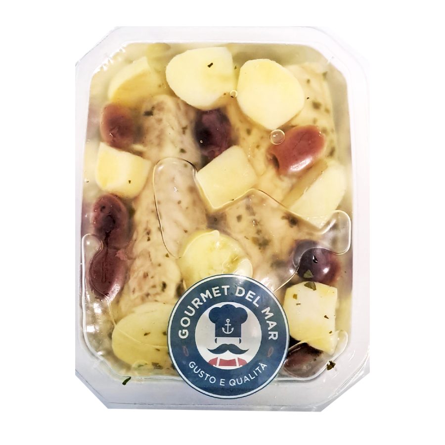 Filetti di Sgombro con Patate e Olive Riviera in Olio S/G in Vaschetta 200g